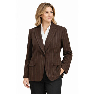 Jones New York Career Jacket Women's 14W Strip Brown Fitted Pockets Lined Blazer